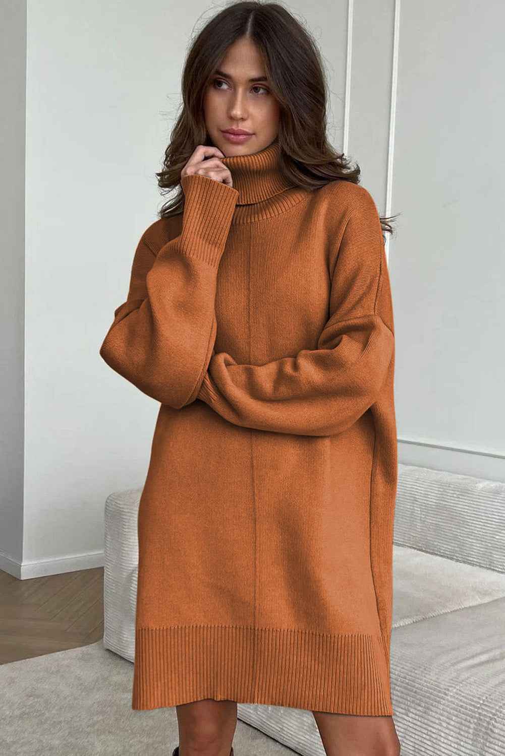 Black Solid Color Turtleneck Drop Shoulder Loose Sweater Dress dc446d3ed939999c
