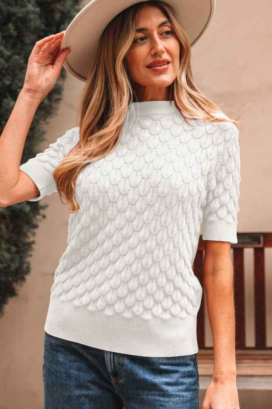 Fish Scale Textured Knit Short Sleeve Sweater White dc464794-07ab-4f0a-a544-722fe5240c58