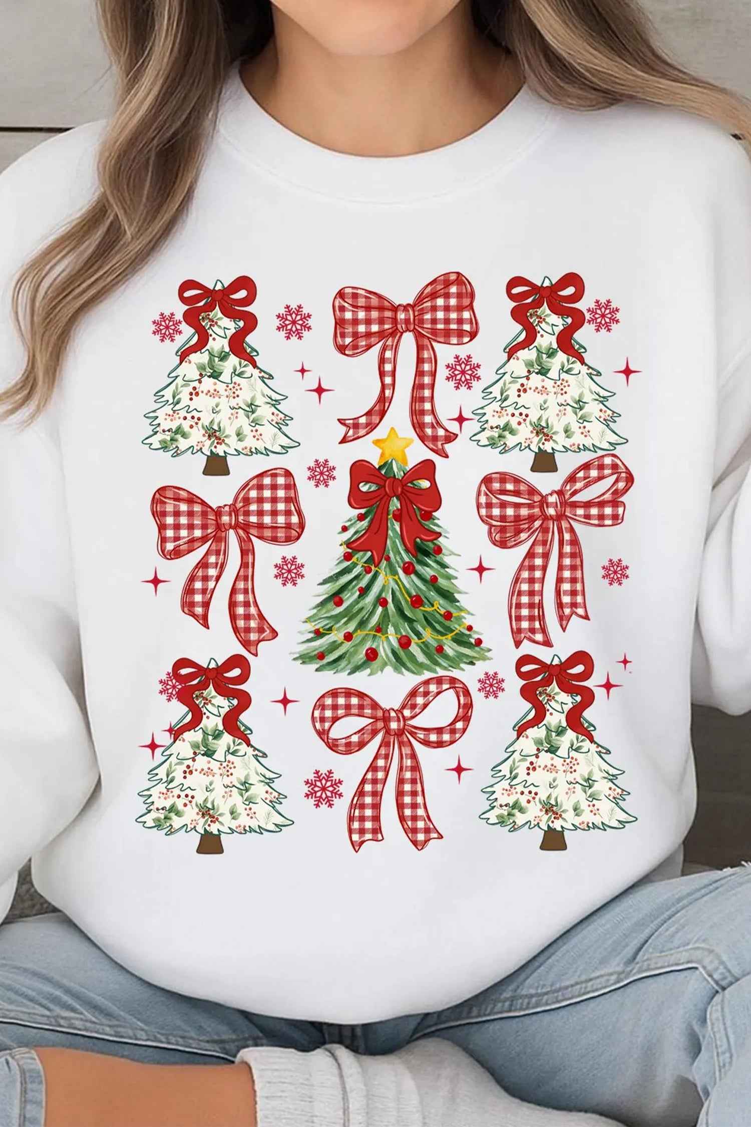 White Christmas Tree Ribbon Bow Printed Drop Shoulder Sweatshirt dc4992e8b23684d1