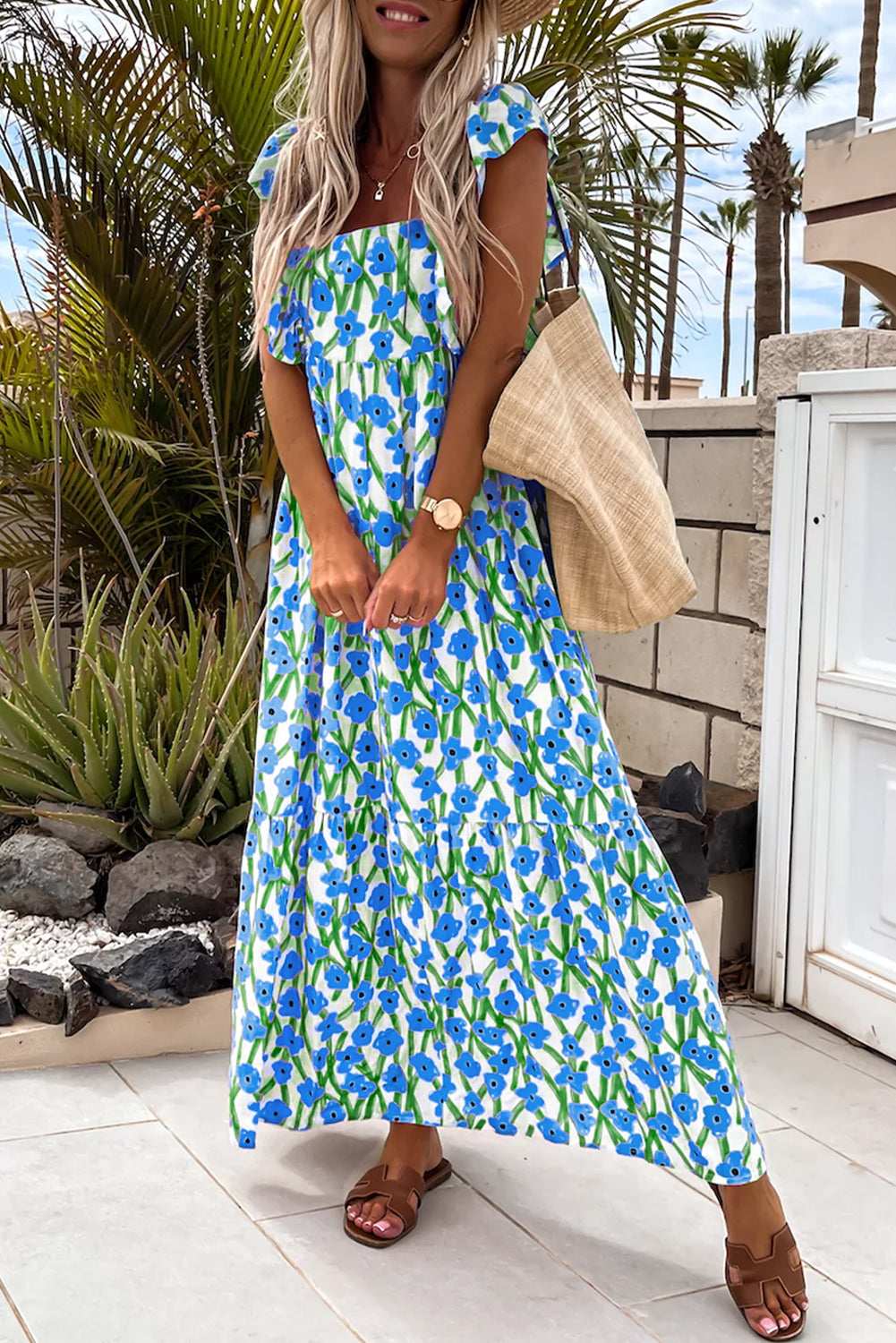 Blue Floral Print Square Neck Ruffled Strap Maxi Dress Blue dc4df6cc946d5a07-_1