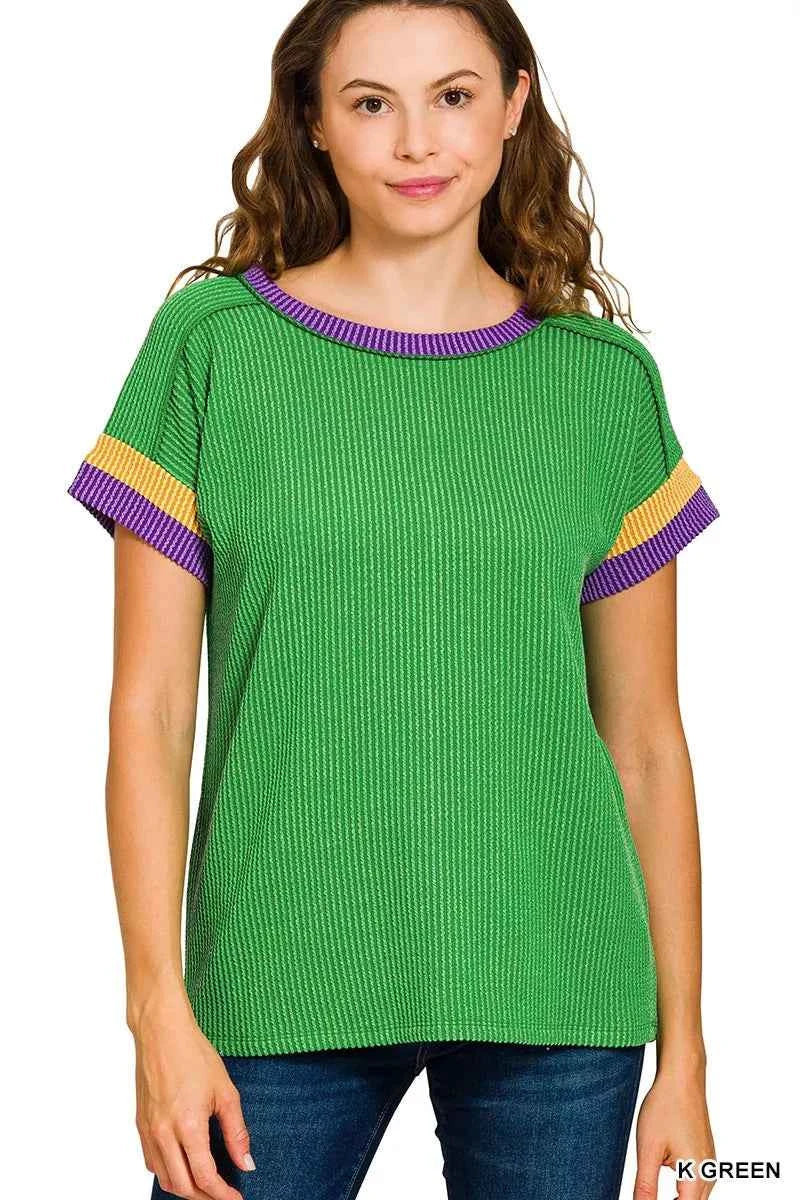 Mardi Gras Raised Rib Contrast Trim Top dc51cf693ec94f3399e24ae67fe134af-Max-Origin
