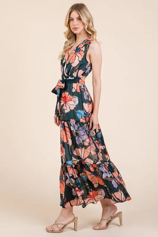 Lime 'N' Chili Floral Print Sleeveless Tie Waist Maxi Dress dc549f5758d44502af19ddcba0bb54be-Max-Origin