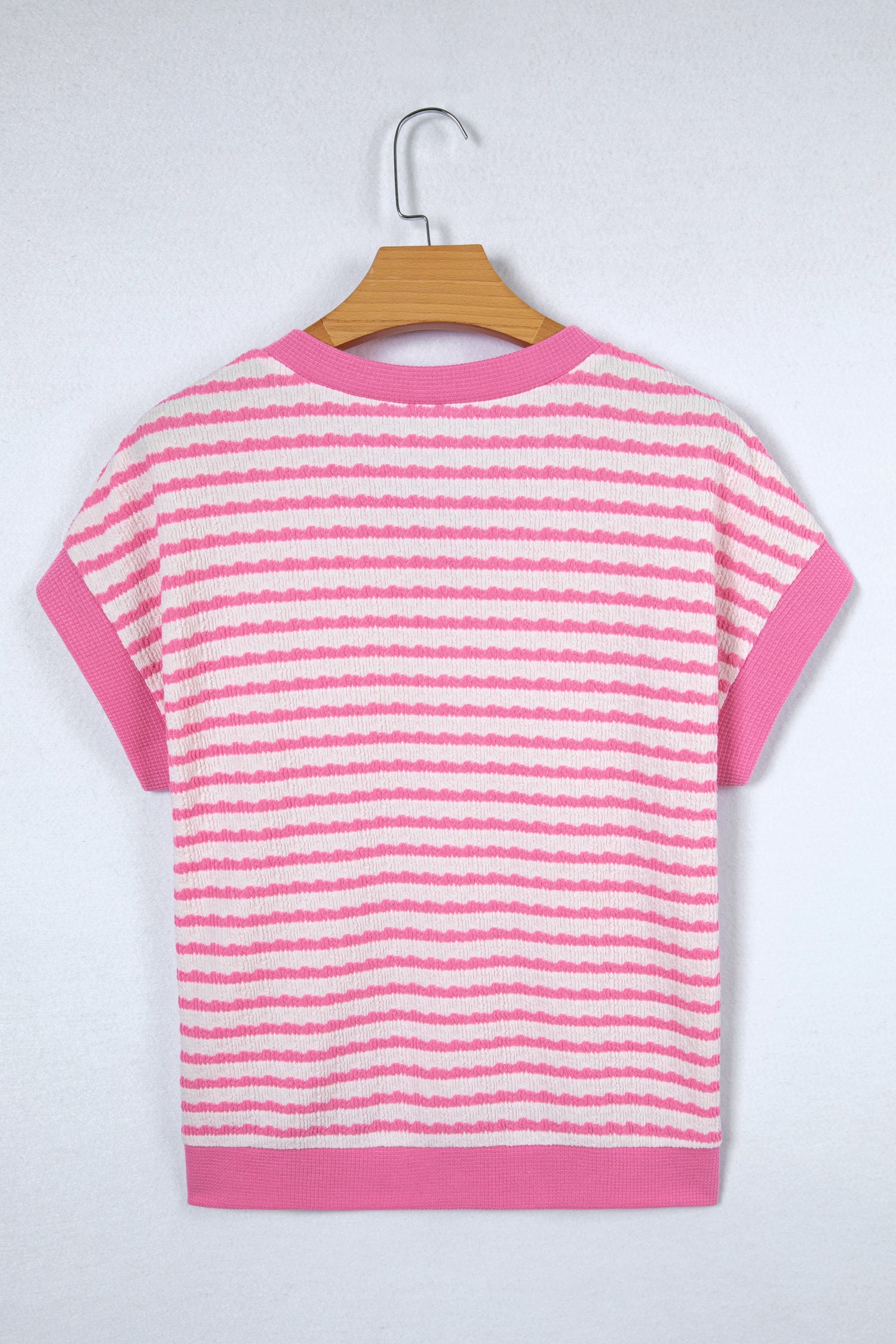 Pink Stripe Textured Knit Contrast Trim V Neck Short Sleeve Top dc5543f7643b96fe