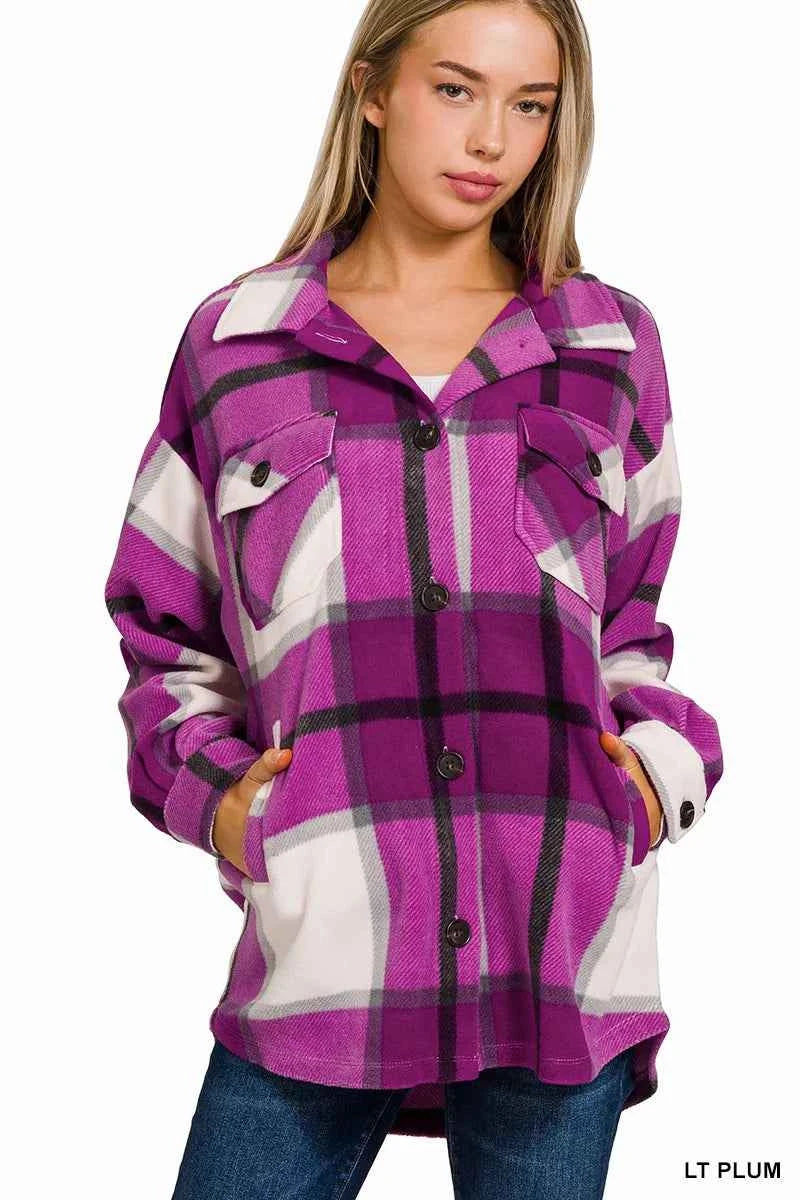 Zenana Oversized Plaid Fleece Shacket LT PLUM dc55d4fd4d054853a6bcfaa10e3b5116-Max-Origin