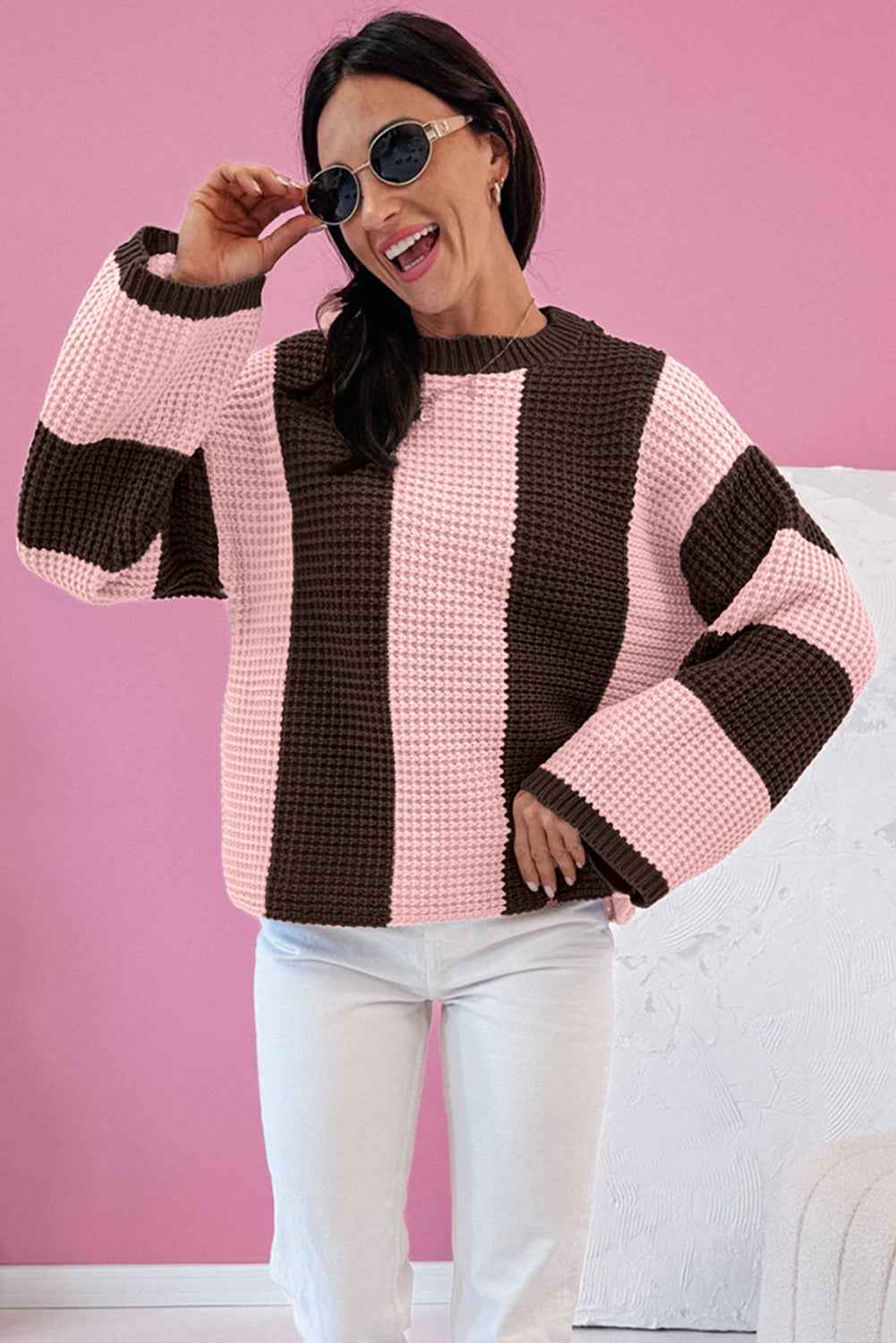 Myosotis Striped Color Block Thermal Textured Knit Drop Shoulder Sweater dc574e575adb0922