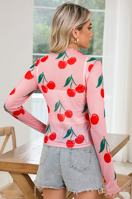 Pink Cherry Print Lettuce Trim Long Sleeve Mesh Top dc58af28c020b4aa