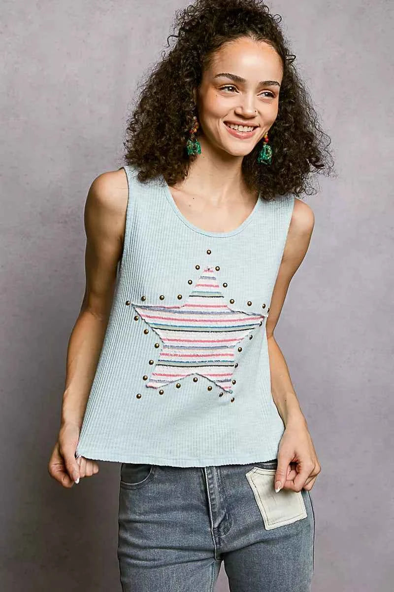 POL Round Neck Stud Point Ribbed Tank with Stripped Star Patch dc5f7804-1304-44ab-bfa2-2aa2c95ed633-Max-Origin