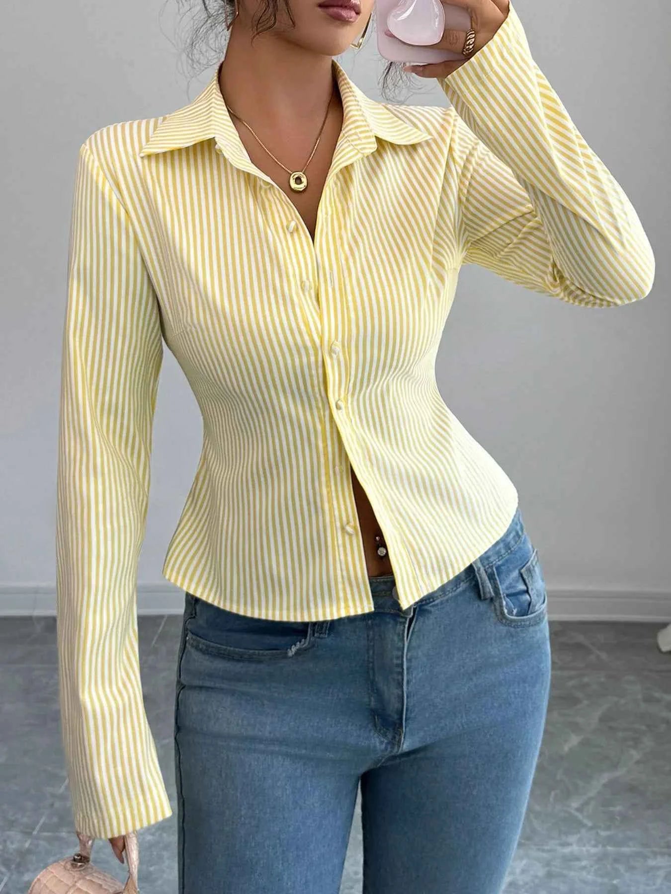 Striped Button-Up Long Sleeve Shirt Pastel Yellow dc5fcfdc-c556-4710-88cc-f4f1e9c21b80-Max-Origin
