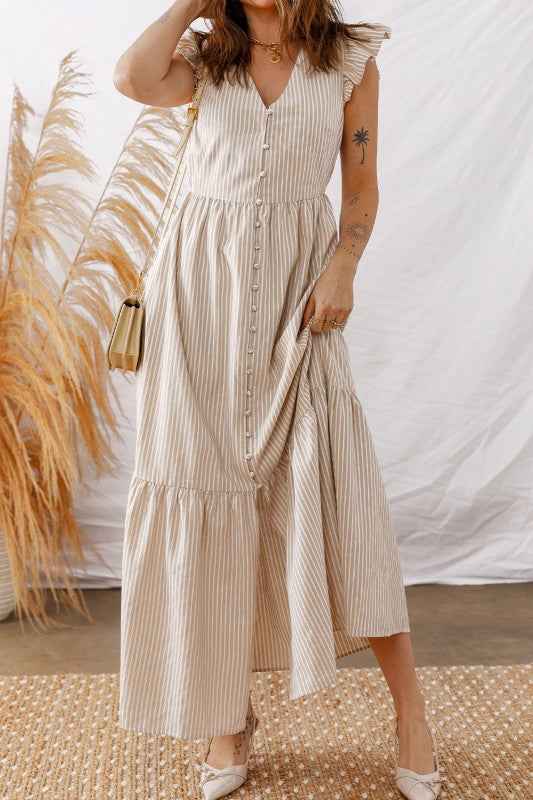 Stripe Flutter Sleeve Buttoned V-Neck Maxi Dress dc61ed4a-2bd1-407d-b6cb-c2373fbdf2d5