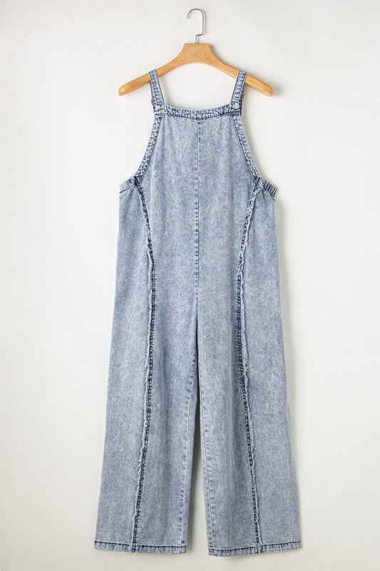 Denim Frayed Reverse Seam Wide Leg Overall dc643538-571d-4679-8536-6eba60da5541