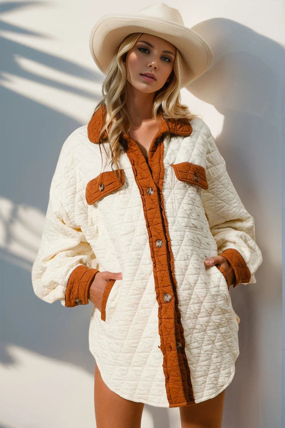 Double Take Full Size Contrast Button Up Quilted Shacket Cream dc643c2c-ad3c-4d24-abbe-b3f3816973cb-Max
