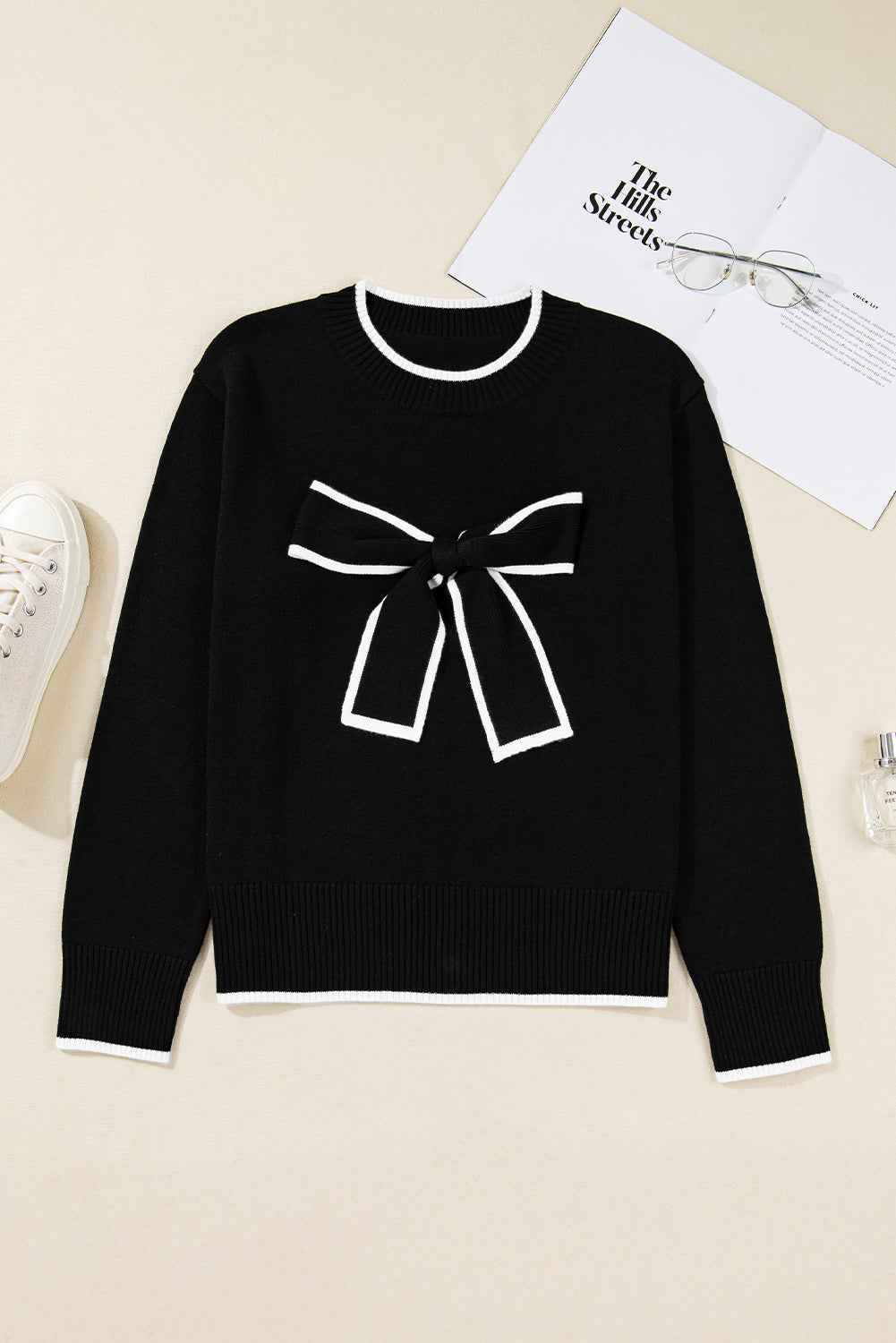 Black Contrast Trim Big Bow Accent Cropped Sweater dc6594598f505991