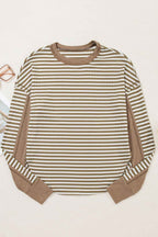 Khaki Stripe Patchwork Knit Drop Shoulder Top dc6768e92aa89994