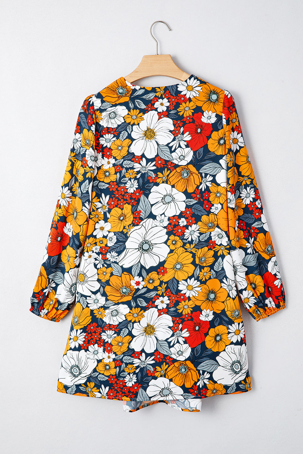 Orange Floral Print Striped Lace V Neck Long Sleeve Mini Dress dc6cb7ff9d7b2849