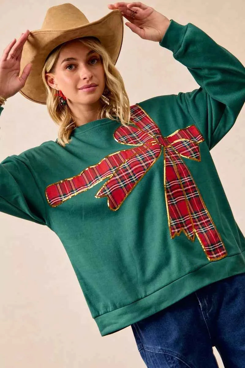 BiBi Plaid Ribbon Bow Detail Christmas Fleece Pullover dc6e7a4b97fb4f06ad7046cd7ea19c06-Max-Origin