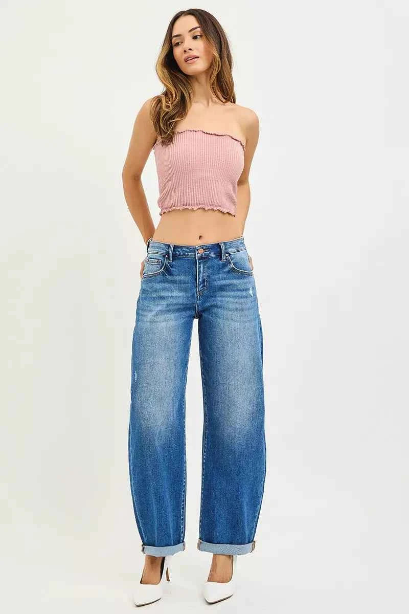 RISEN Full Size Mid Rise Barrel Double Roll Up Jeans Plus Size dc7eb85229164b11af238b2164c6be0e-Max-Origin