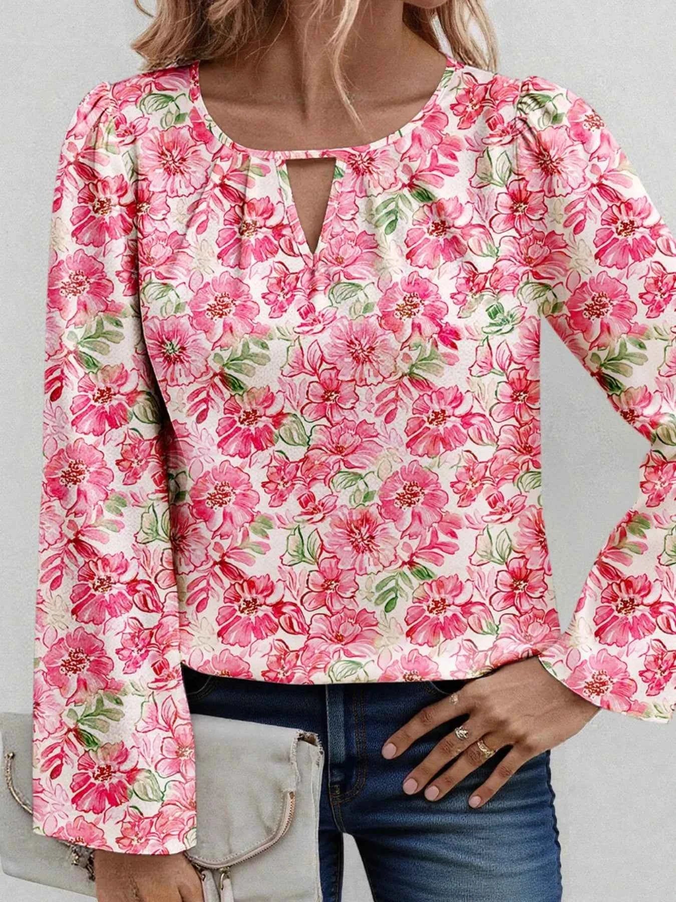 Floral Print Keyhole Neck Blouse Dusty Pink dc81b0cbf13445919c8c62737fc08144-Max-Origin