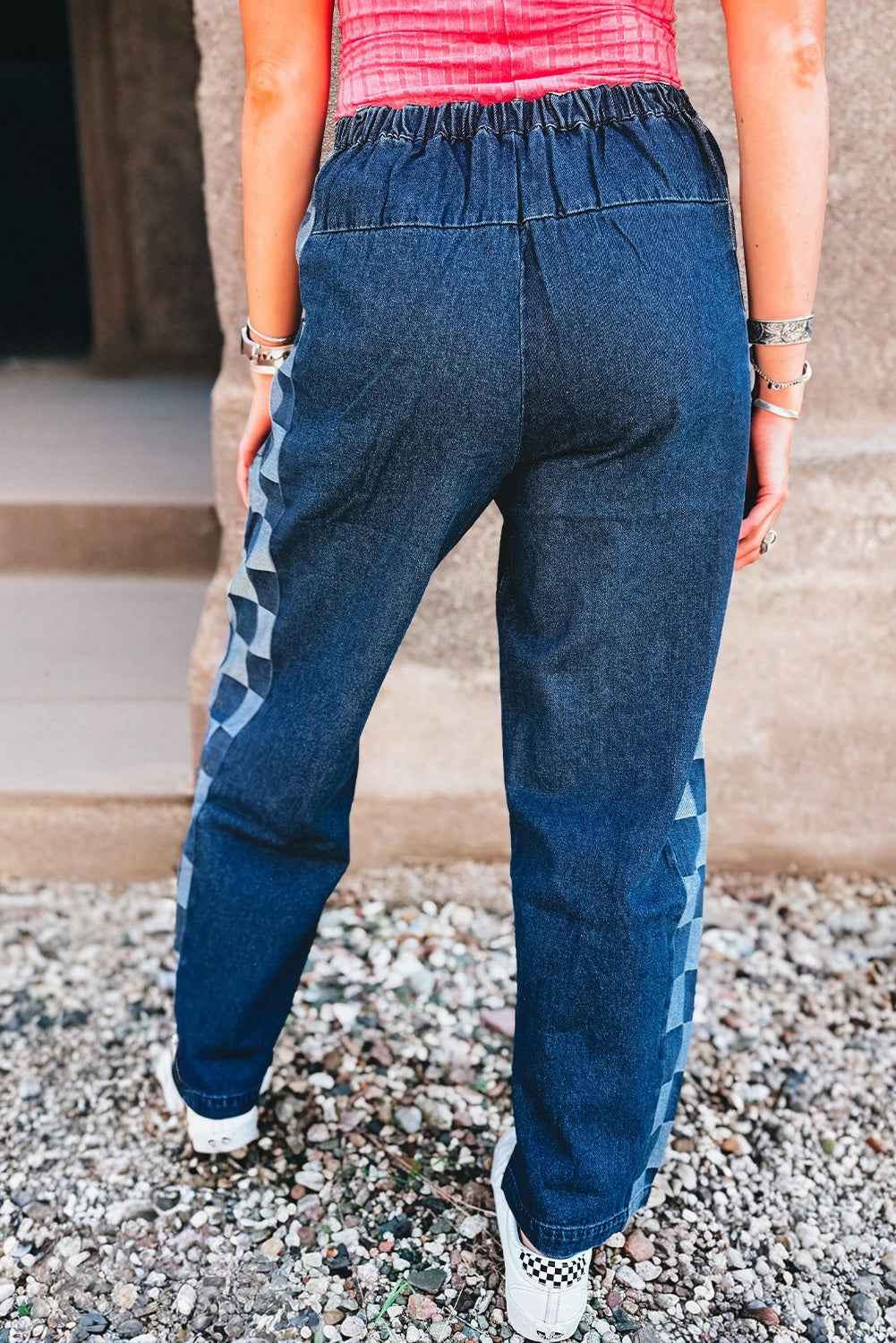 Sail Blue Checkered Side Panel Patchwork Drawstring Loose Denim Pants dc8cea45dba0fbeb