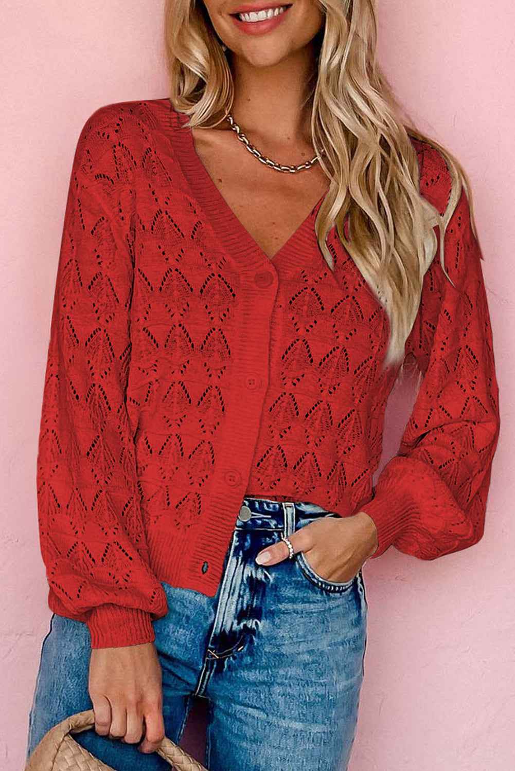 Fiery Red Lightweight Buttoned Front Crochet Cardigan Fiery Red 100%Polyester dc90b979f20f1eae