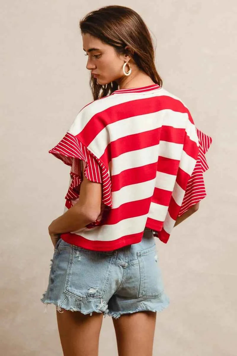 BiBi Stripe Mixed Ruffle Sleeve Top With Leopard Letter dc9434438e7041e9b3dc5c2f9bae4a94-Max-Origin
