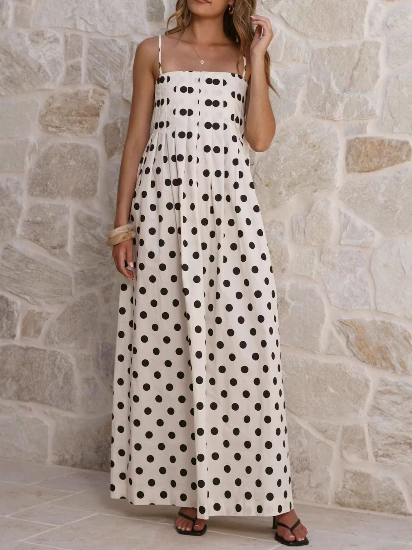 Polka Dot Pleated Detail Maxi Dress Cream dc9807ea-ad4e-4c15-9806-5b1b1467ddf3-Max