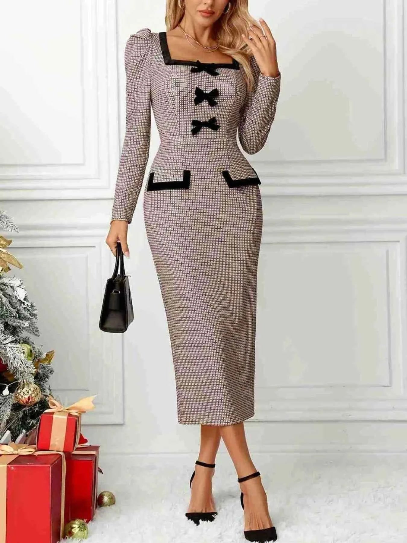 Houndstooth Bow Square Neck Dress Khaki dc98981d-8959-4d2d-a769-7242d71d22d4-Max-Origin