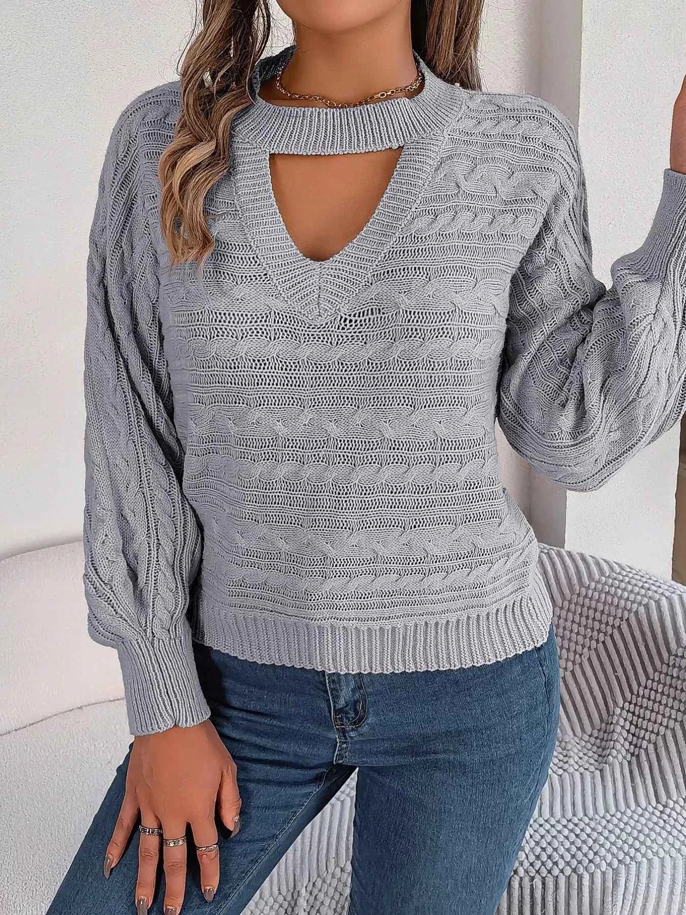 Cable-Knit Cutout Round Neck Sweater Gray dc9b861a-4c67-430b-92d6-8b2e84143a30-Max-Origin
