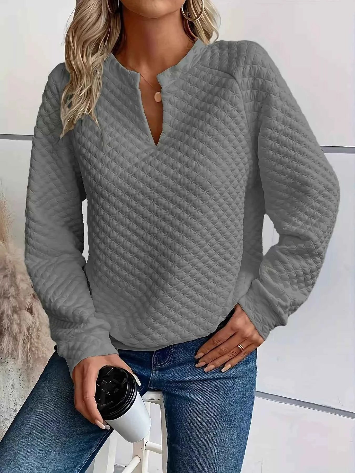 Notched Raglan Sleeve Sweatshirt Gray dc9bc966227a43a8ba4a56dbad810ab4-Max-Origin