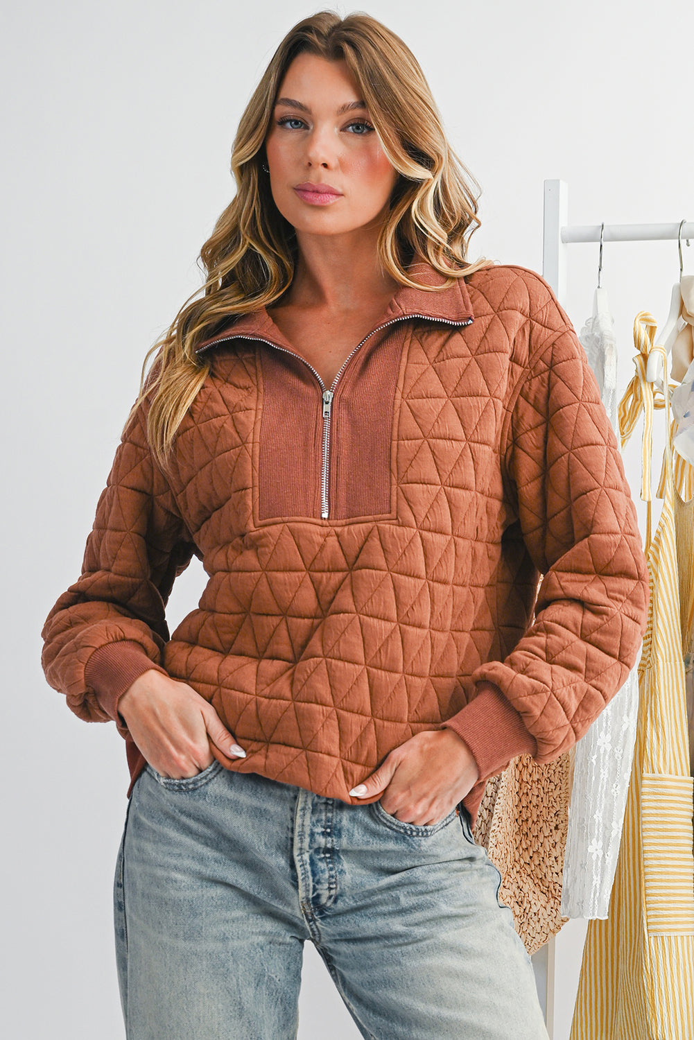Straw Yellow Textured Zipper Neck Long Sleeve Pullover Sweatshirt dc9d1a8030becc53