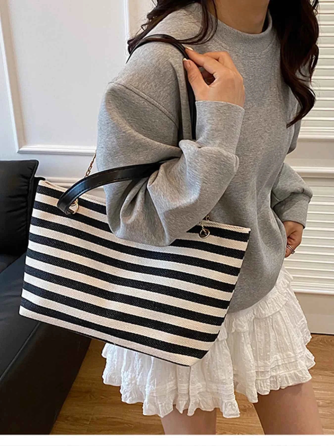 Striped Shoulder Bag with Chain Detail Black One Size dca0cb5068384bac8d342b97584f5561-Max-Origin