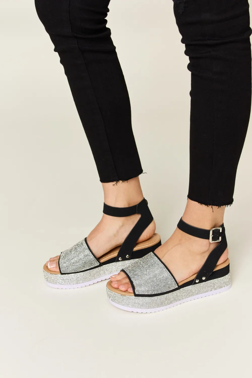 Forever Link Rhinestone Buckle Strappy Wedge Sandals Black dca577a0-c747-4c43-b083-2db637f4c19d-Max