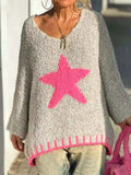 Star V-Neck Long Sleeve Sweater Beige dcb34201-6583-4e43-81a1-70b825237649-Max-Origin