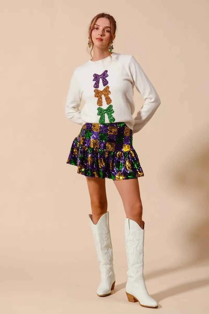 SO ME Mardi Gras Checker Sequins Mini Skirt dcb4ce3a0b7c419aa7e3fa39485d477c-Max-Origin