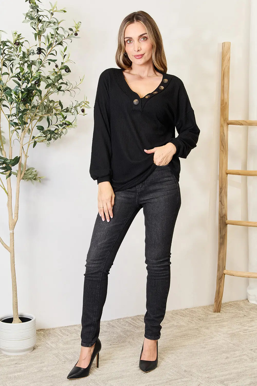 Zenana Buttoned Long Sleeve Blouse dcb690443bcc4b6cb3271a26269d3f2f-Max