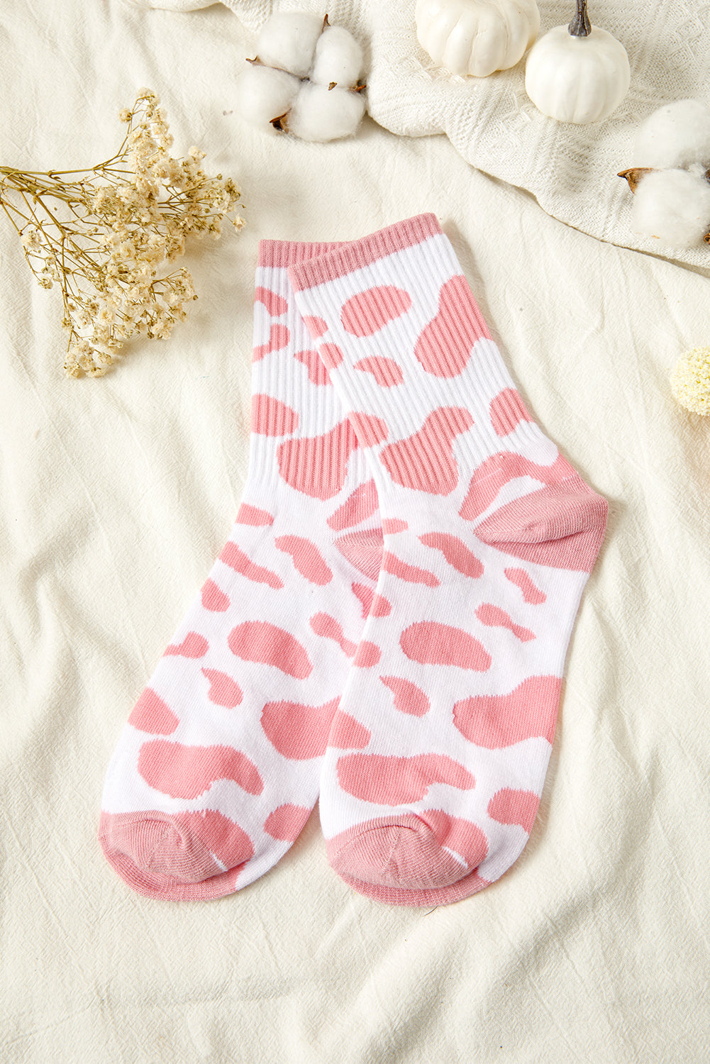 Pink Cow Print Fashion Crew Socks Pink ONE SIZE cotton dcb9340fb682abe0