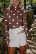 Brown Vintage Polka Dot Print Mesh Long Sleeve Bodysuit Brown 95%Polyester+5%Elastane dcbbec671f6ad4c3