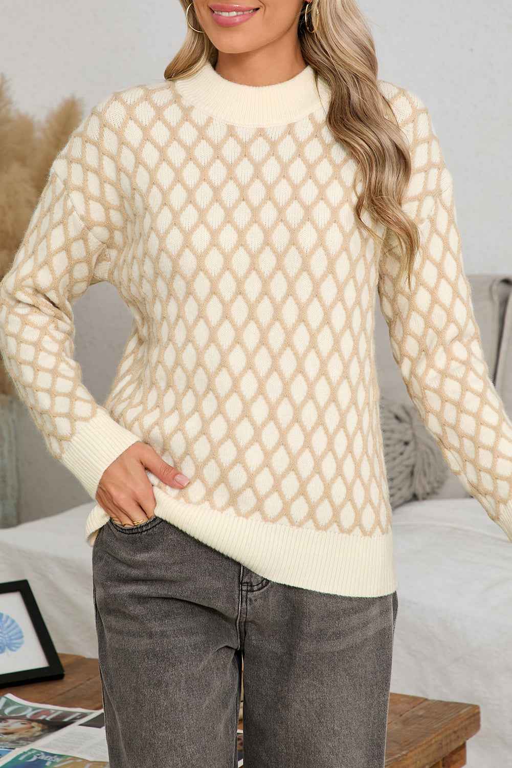 Oatmeal Rhombus Textured Knit Drop Sleeve Sweater dcc554be47ebbbc3