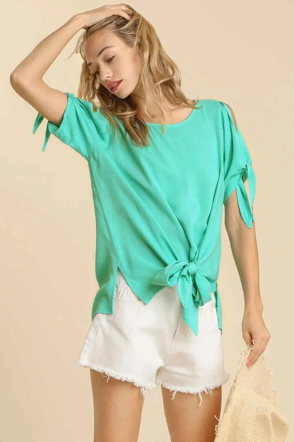 Cold Shoulder Short Sleeve Round Neck Top with Side Slits and Tie-able Knot Details EMERALD dcc72b7b-dfc7-492a-b7a3-c056a4c11c28-Max-Origin