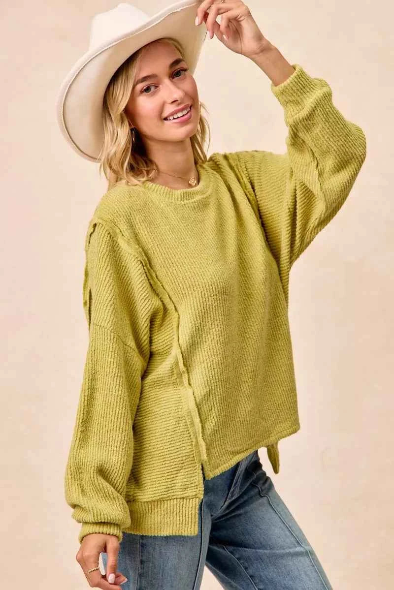BiBi Boucle Rib Knit Uneven Hem Sweater With Open Seam dcc73ae056ad432b9d7680c901a73961-Max-Origin