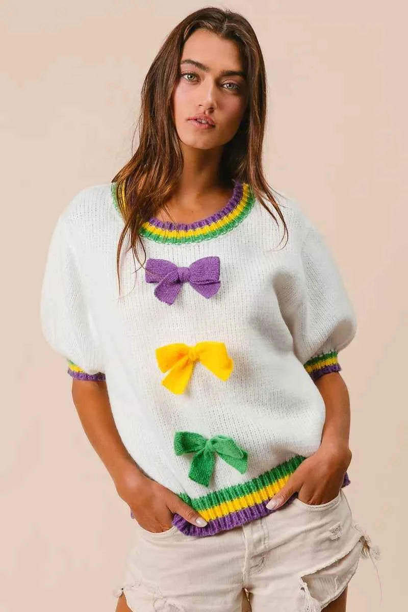 BiBi Short Puff Sleeve Ribbon Bow Mardi Gras Sweater dcc977c52ee14a4fab097887c8db9118-Max-Origin