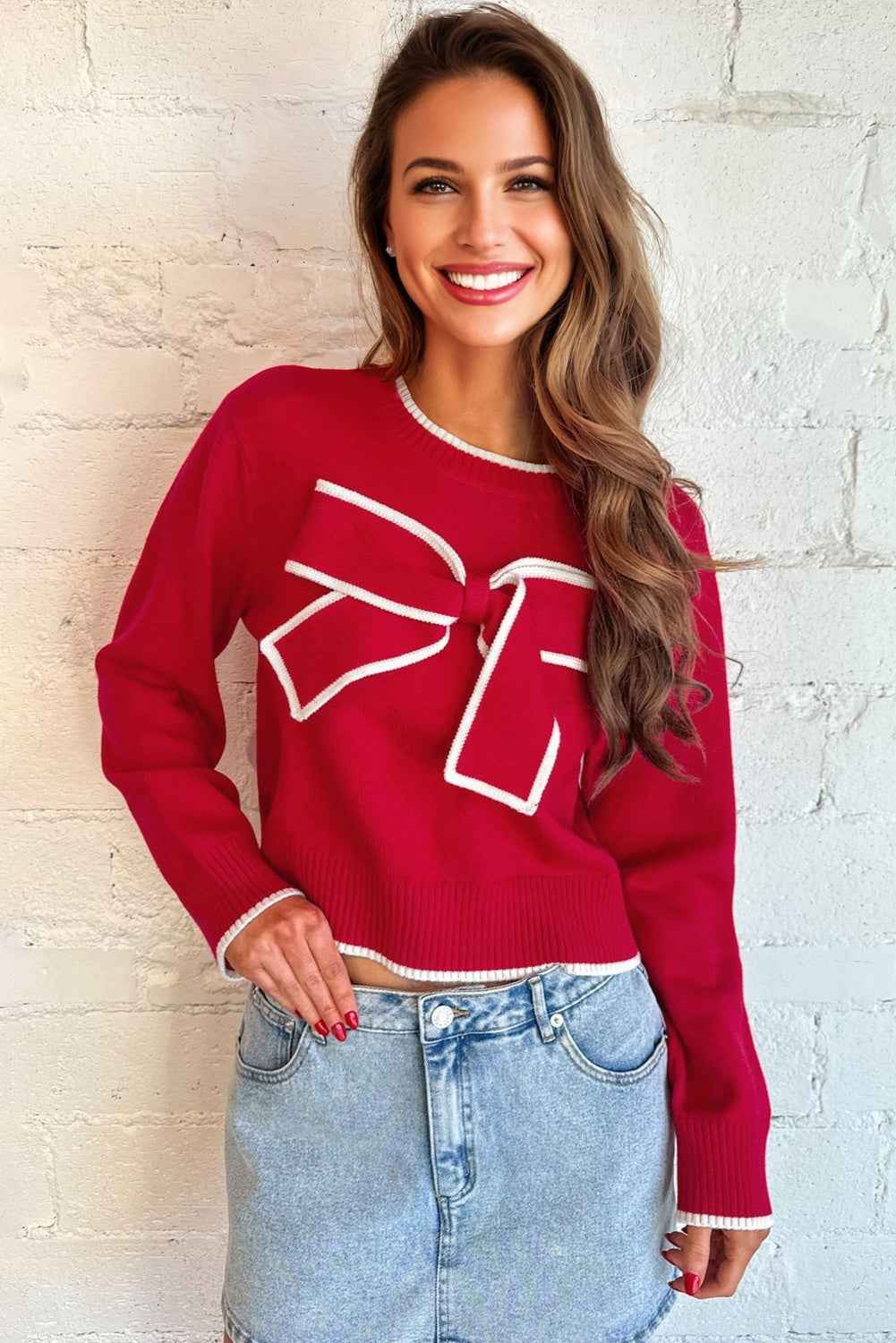Black Contrast Trim Big Bow Accent Cropped Sweater dccb789aa3f0c555