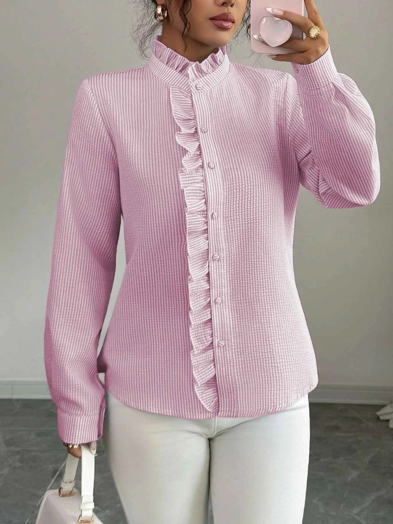 Ruffle Front Striped Button-Up Shirt dccc3567-7d58-4b1e-805f-cf749bd1bb65-Max-Origin
