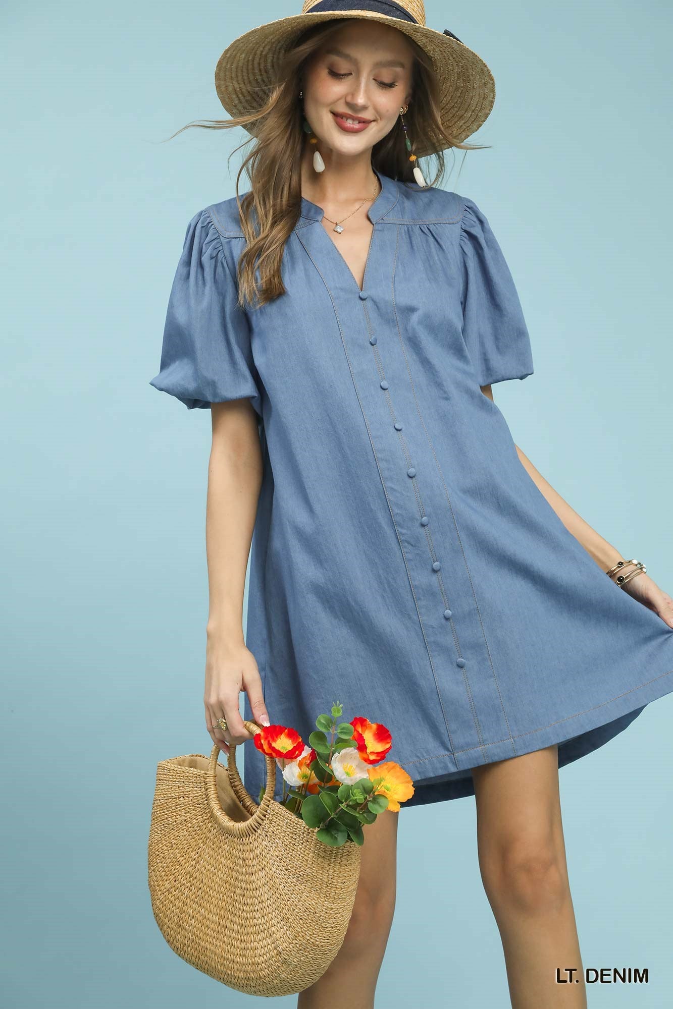 Umgee Chambray Puff Sleeve Dress dccdc5c0-b3df-4747-9529-ec0a0a803980-Max