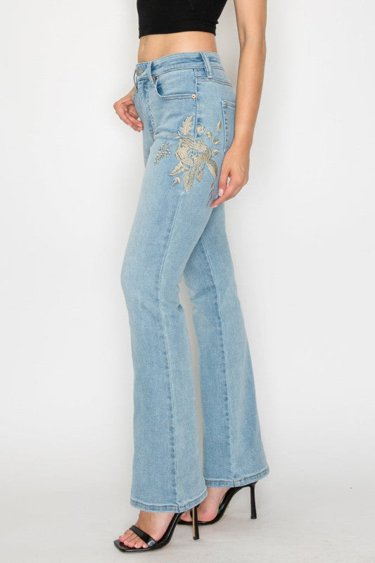 High rise embroidered modern bootcut jean dcd9c493-0569-46b5-91dd-c289a92b3fdb