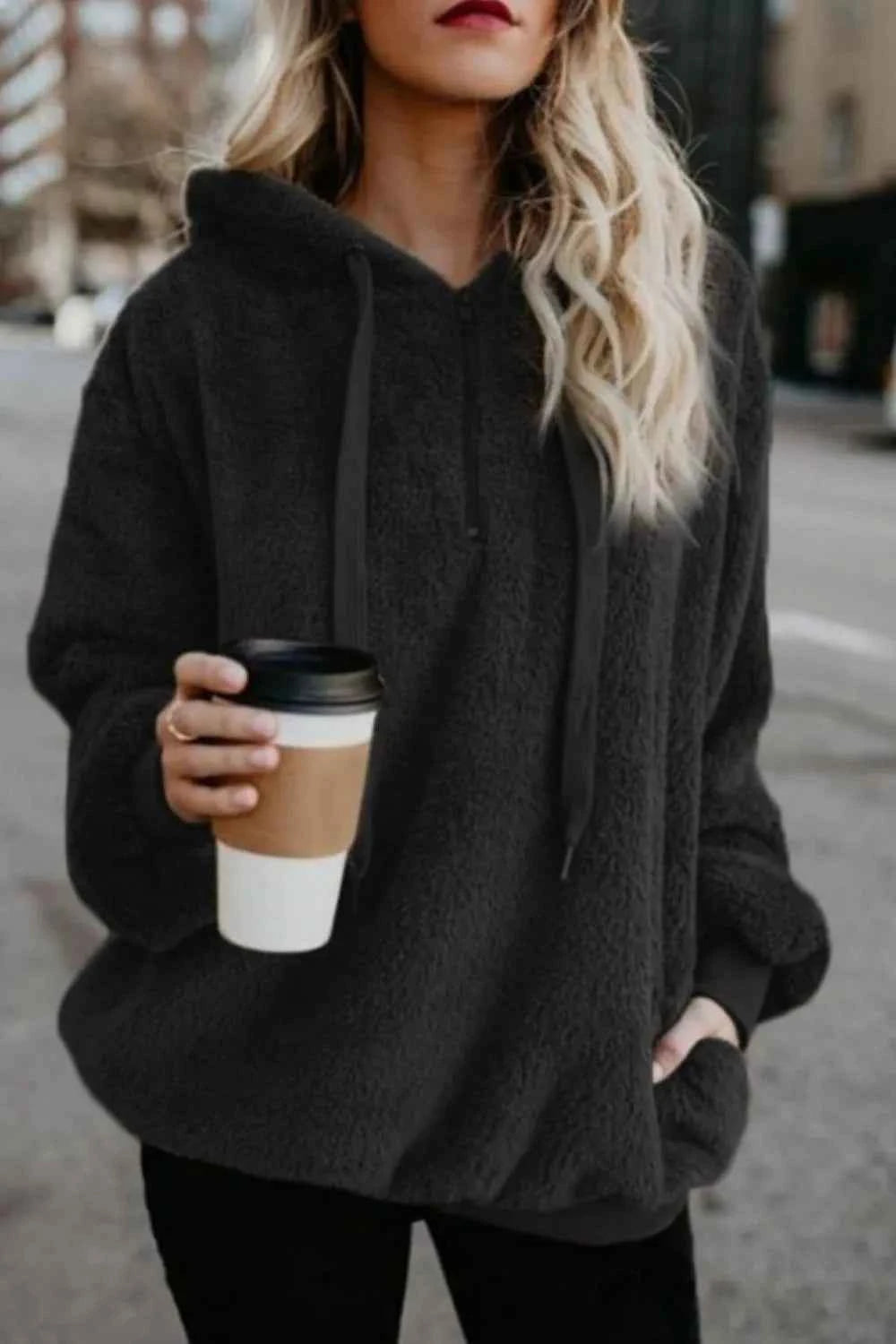 Full Size Quarter-Zip Drawstring Teddy Hoodie Black dcdc33ae-1621-494d-b208-7c5c670501c0-Max