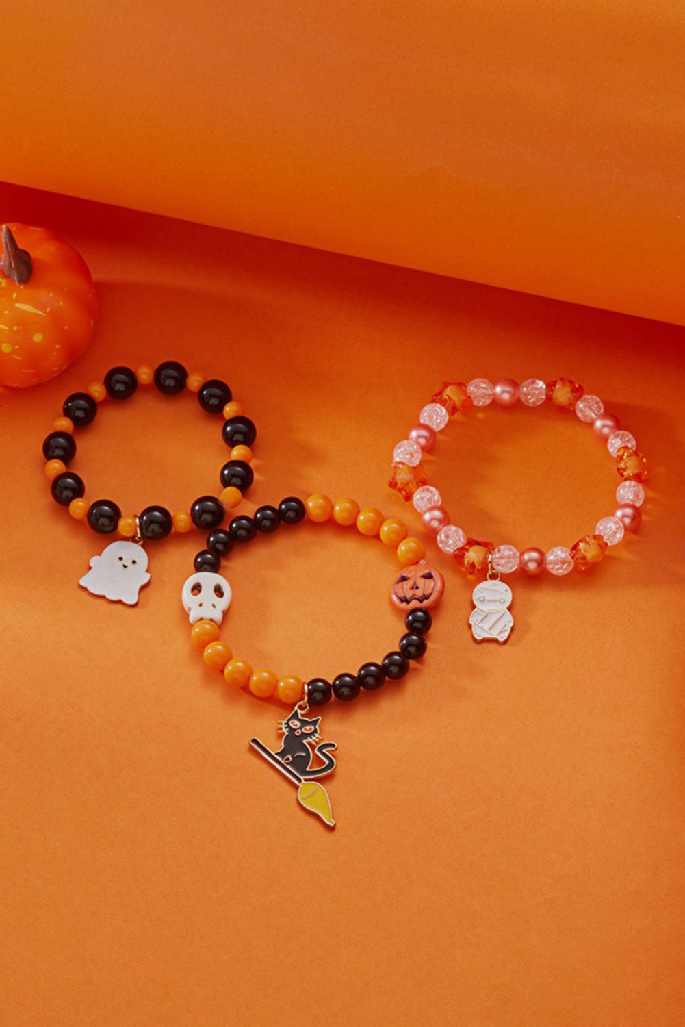 Orange 3pcs Halloween Pendent Elastic Beaded Bracelet Set dcdd07e94531a2ef