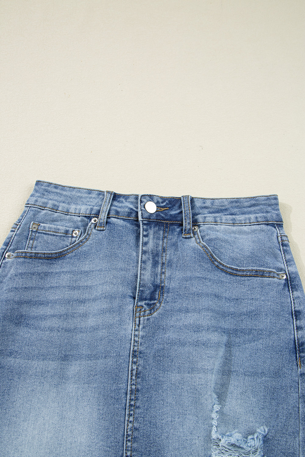 Myosotis Irregular Distressed Hem Denim Midi Skirt dcdf27ae0e85d94c