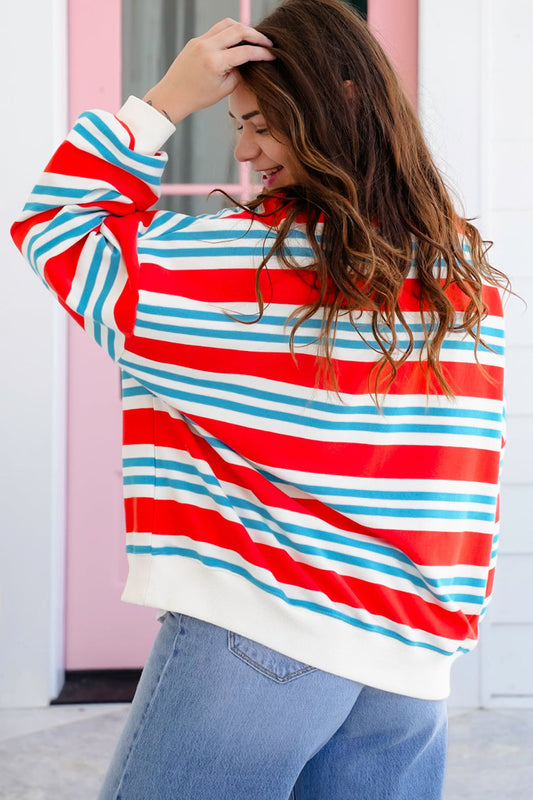 Red Stripe Striped Colorblock Long Sleeve Round Neck Tunic Plus Size Sweatshirt dce2cb6a4968fb63