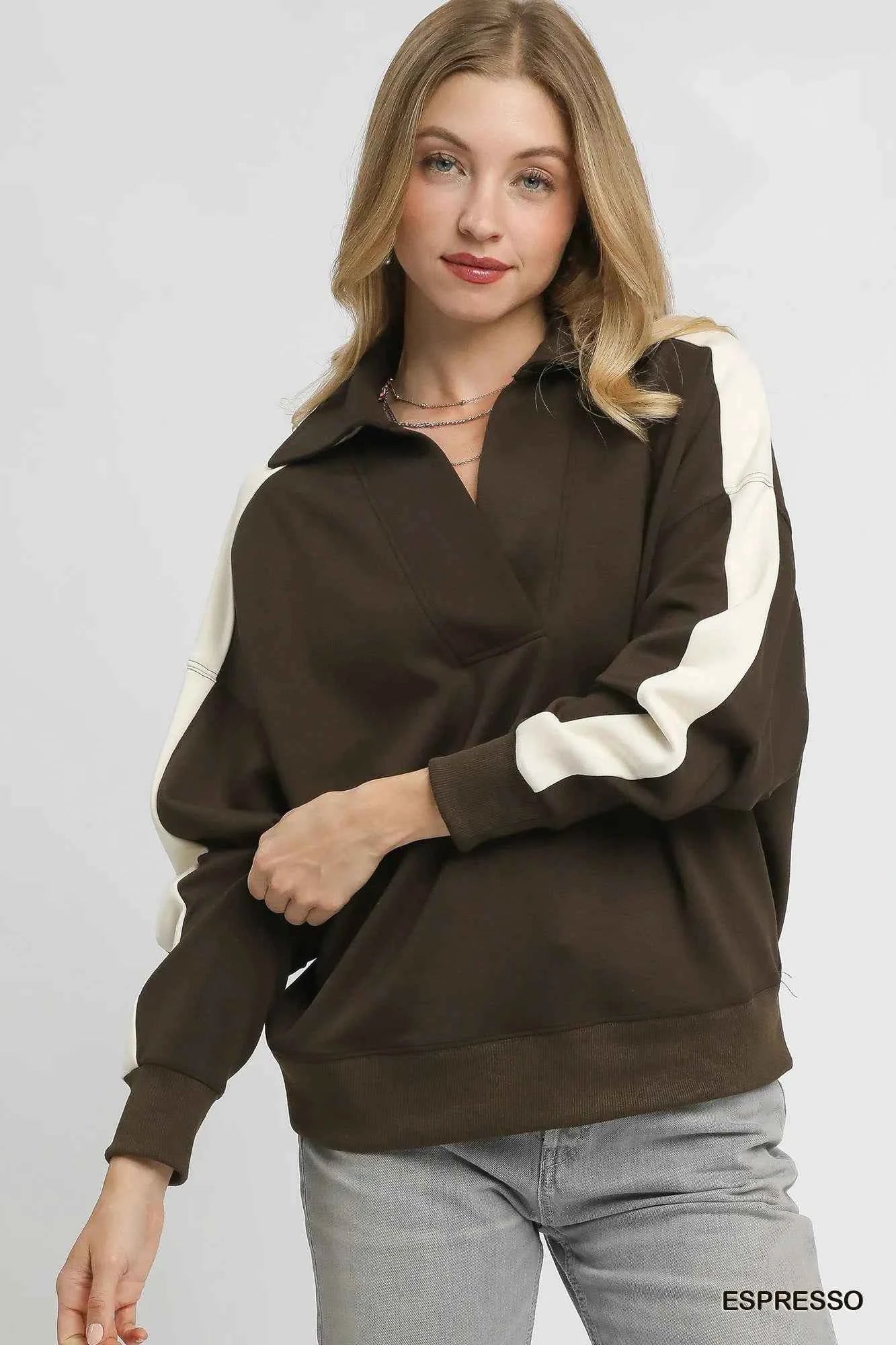 Umgee Color Block Polo Sweatshirt ESPRESSO dce449f5-0932-4d6e-aac1-0891c1ea11b5-Max-Origin