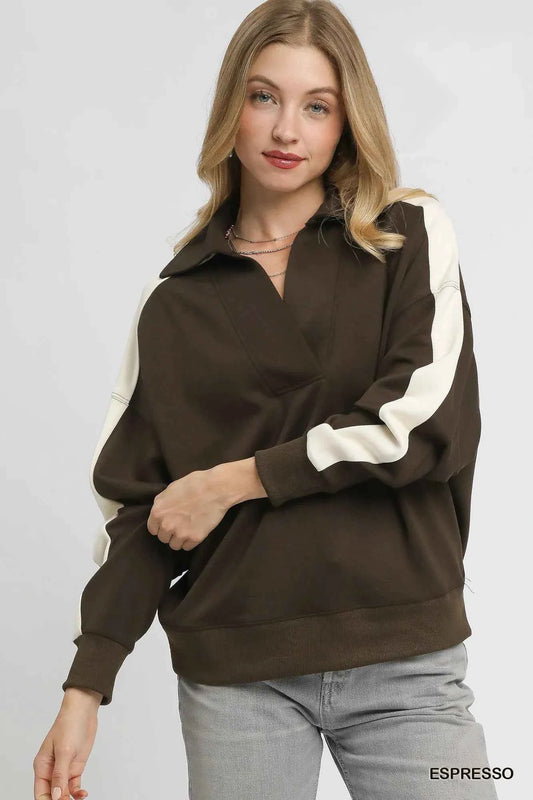 Umgee Color Block Polo Sweatshirt ESPRESSO dce449f5-0932-4d6e-aac1-0891c1ea11b5-Max-Origin
